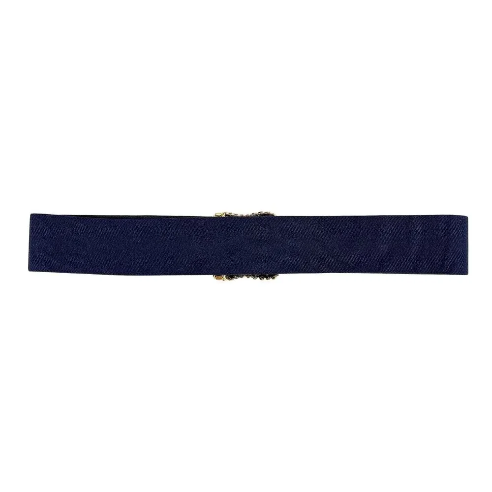Nan Lewis VTG Women's Navy Stretch Belt Gold Statement Buckle 30